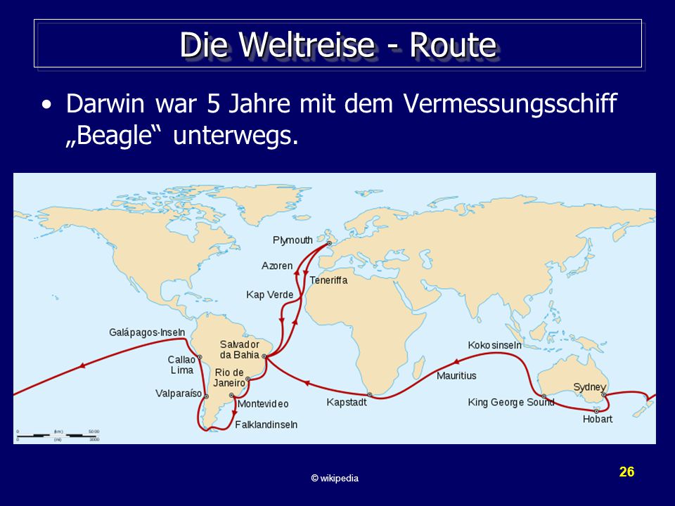 Die Weltreise - Route Darwin war 5 Jahre mit dem Vermessungsschiff „Beagle unterwegs.