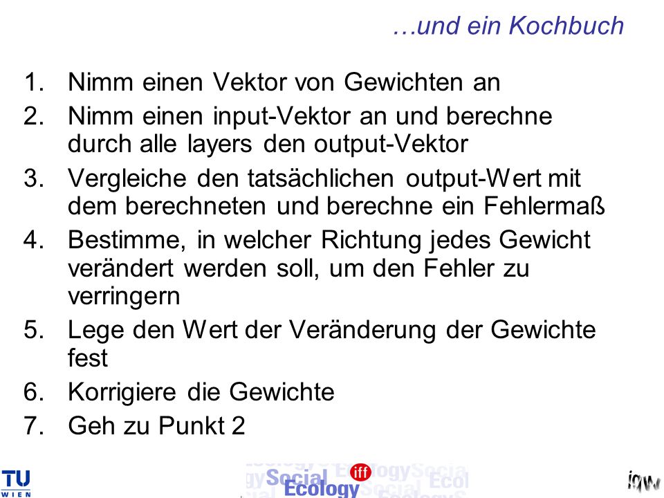 …und ein Kochbuch Nimm einen Vektor von Gewichten an. Nimm einen input-Vektor an und berechne durch alle layers den output-Vektor.
