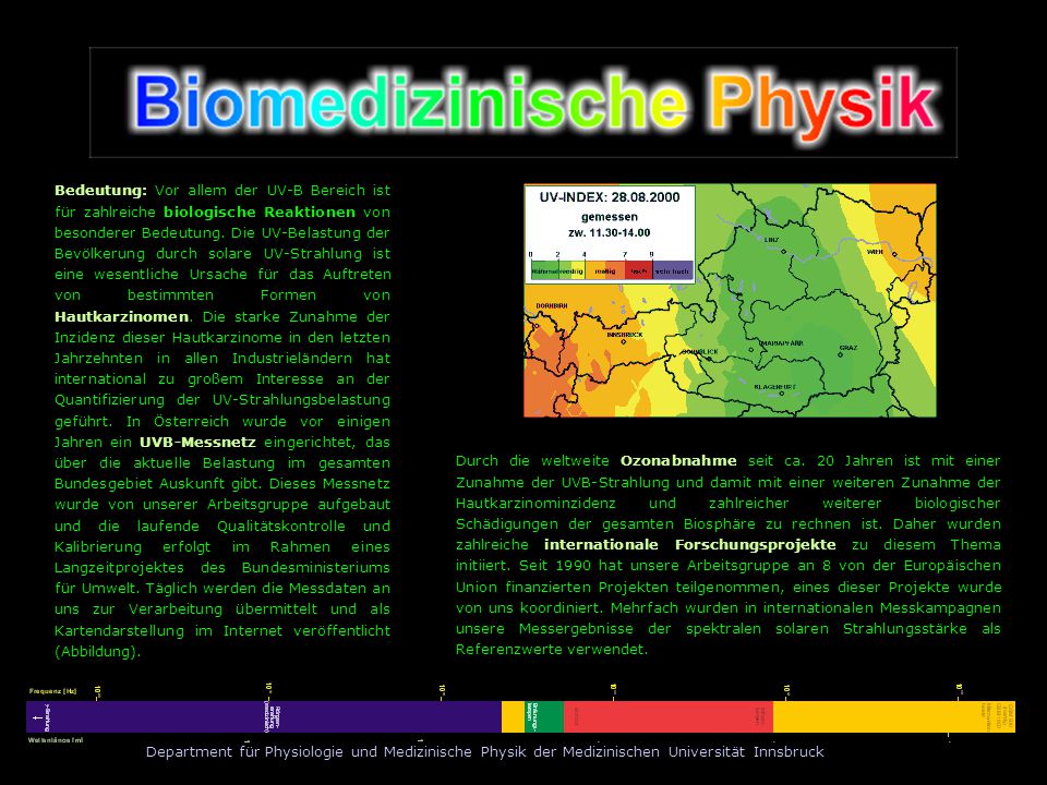 Bedeutung: Vor allem der UV-B Bereich ist für zahlreiche biologische Reaktionen von besonderer Bedeutung. Die UV-Belastung der Bevölkerung durch solare UV-Strahlung ist eine wesentliche Ursache für das Auftreten von bestimmten Formen von Hautkarzinomen. Die starke Zunahme der Inzidenz dieser Hautkarzinome in den letzten Jahrzehnten in allen Industrieländern hat international zu großem Interesse an der Quantifizierung der UV-Strahlungsbelastung geführt. In Österreich wurde vor einigen Jahren ein UVB-Messnetz eingerichtet, das über die aktuelle Belastung im gesamten Bundesgebiet Auskunft gibt. Dieses Messnetz wurde von unserer Arbeitsgruppe aufgebaut und die laufende Qualitätskontrolle und Kalibrierung erfolgt im Rahmen eines Langzeitprojektes des Bundesministeriums für Umwelt. Täglich werden die Messdaten an uns zur Verarbeitung übermittelt und als Kartendarstellung im Internet veröffentlicht (Abbildung).