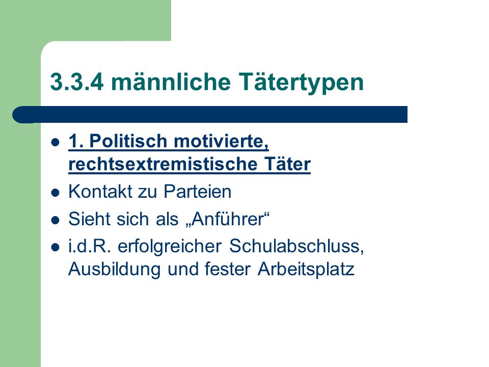 3.3.4 männliche Tätertypen 1. Politisch motivierte, rechtsextremistische Täter. Kontakt zu Parteien.