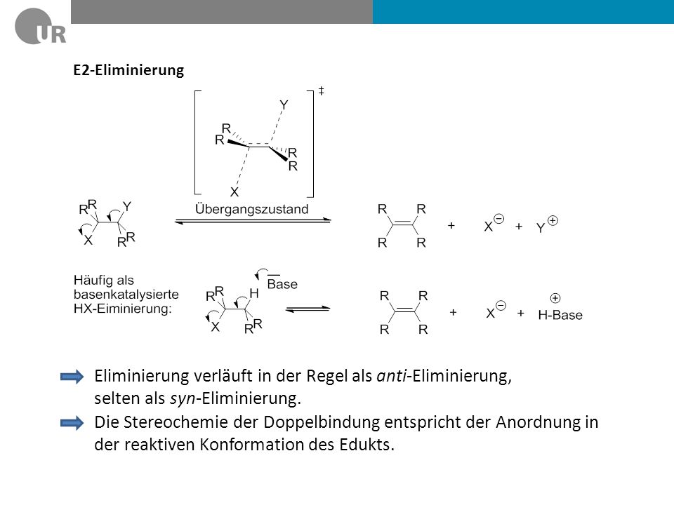 E2-Eliminierung Eliminierung verläuft in der Regel als anti-Eliminierung, selten als syn-Eliminierung.