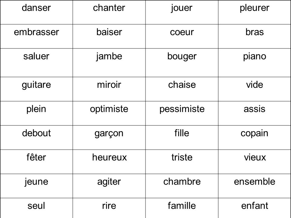 danser chanter. jouer. pleurer. embrasser. baiser. coeur. bras. saluer. jambe. bouger. piano.