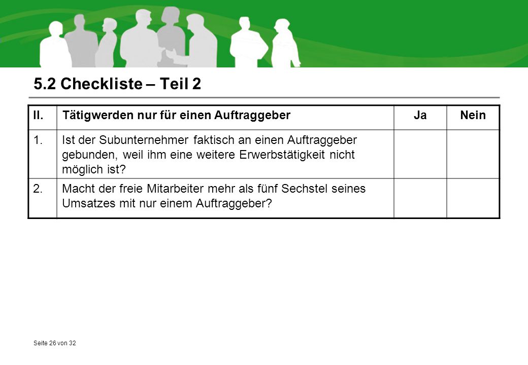 5.2 Checkliste – Teil 2 II. Tätigwerden nur für einen Auftraggeber Ja