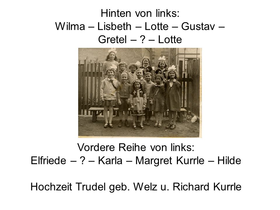Hinten von links: Wilma – Lisbeth – Lotte – Gustav – Gretel – – Lotte