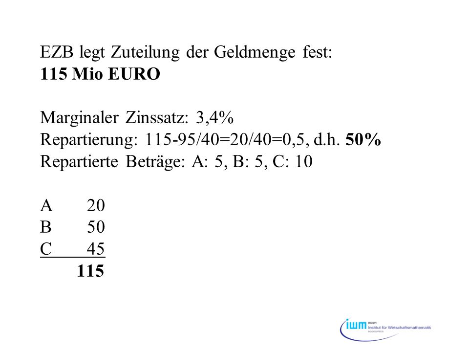 EZB legt Zuteilung der Geldmenge fest: 115 Mio EURO Marginaler Zinssatz: 3,4% Repartierung: /40=20/40=0,5, d.h.