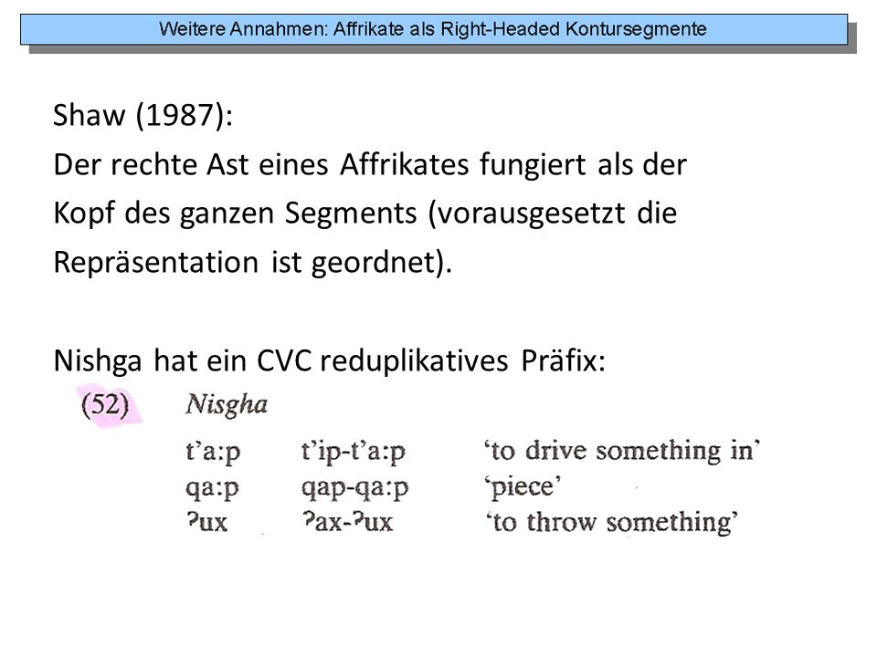 Shaw (1987): Der rechte Ast eines Affrikates fungiert als der. Kopf des ganzen Segments (vorausgesetzt die.