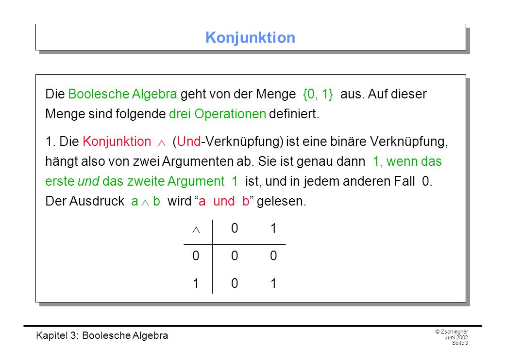 Konjunktion Die Boolesche Algebra geht von der Menge {0, 1} aus. Auf dieser Menge sind folgende drei Operationen definiert.