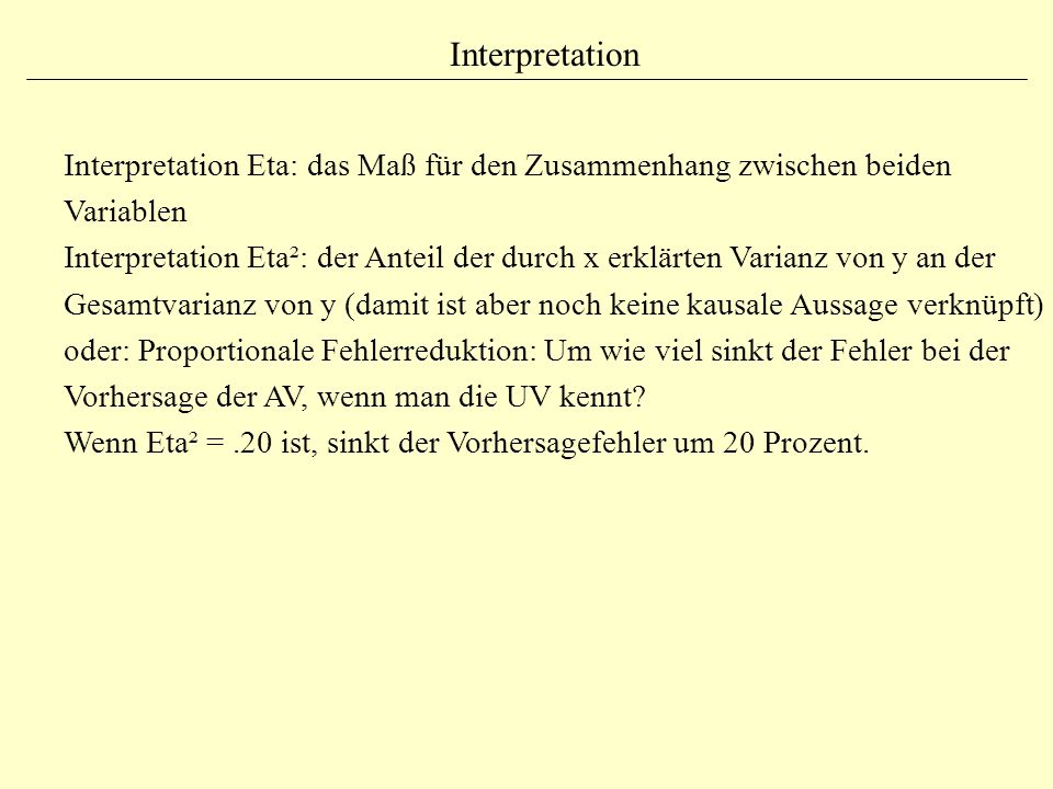 Interpretation Interpretation Eta: das Maß für den Zusammenhang zwischen beiden Variablen.