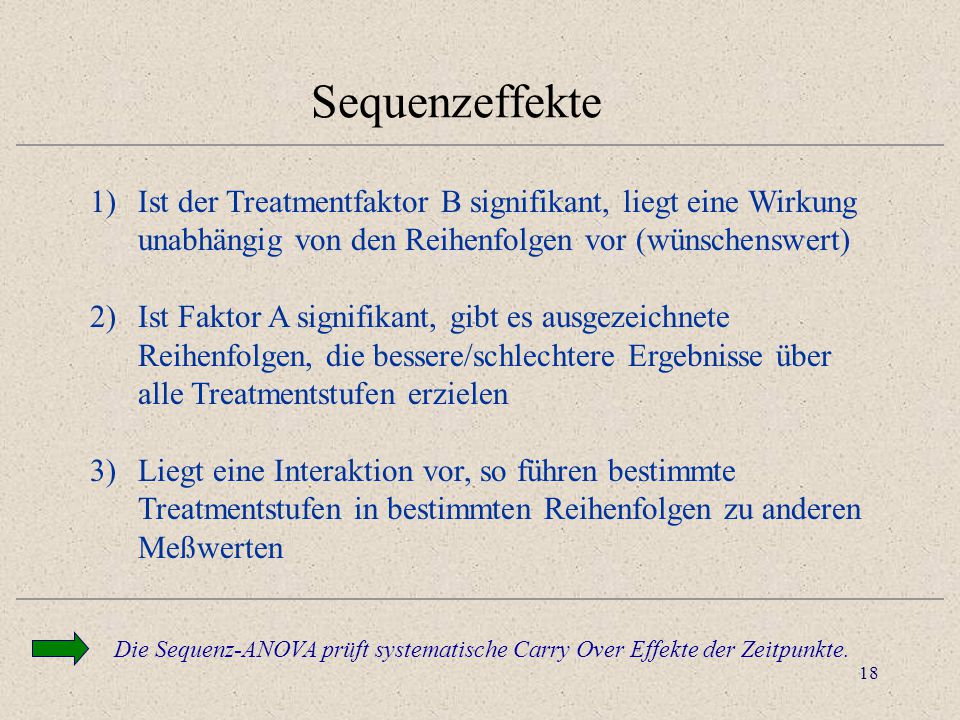 Sequenzeffekte Ist der Treatmentfaktor B signifikant, liegt eine Wirkung unabhängig von den Reihenfolgen vor (wünschenswert)