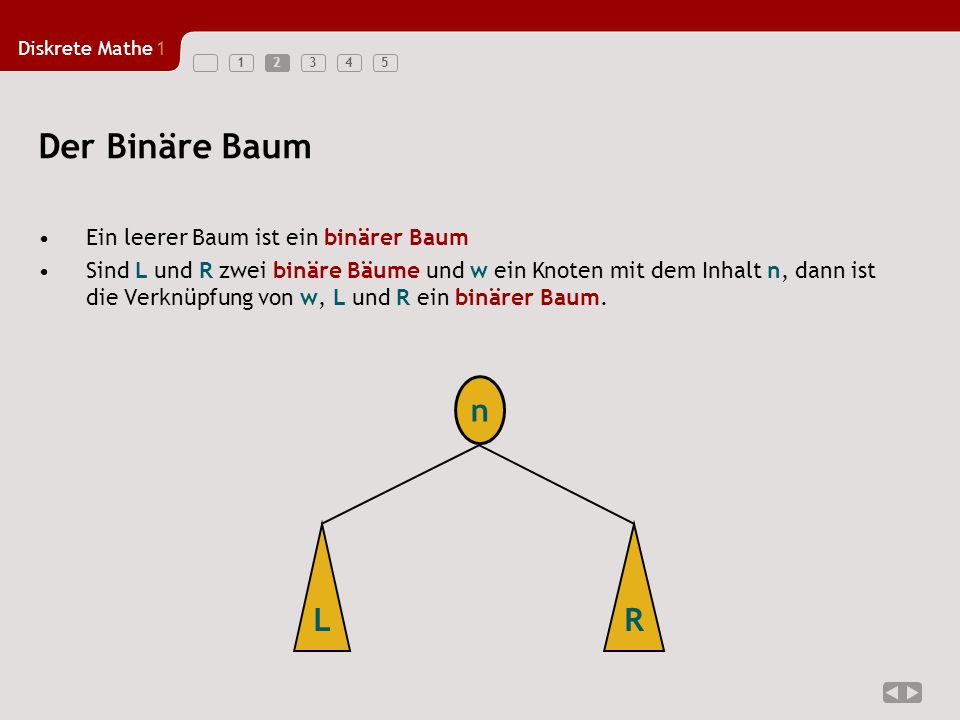 Der Binäre Baum n L R Ein leerer Baum ist ein binärer Baum