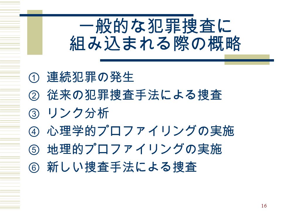 一般的な犯罪捜査に 組み込まれる際の概略 連続犯罪の発生 従来の犯罪捜査手法による捜査 リンク分析 心理学的プロファイリングの実施