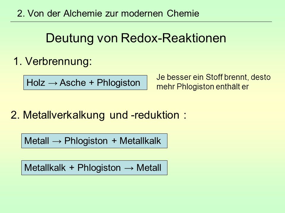 2. Von der Alchemie zur modernen Chemie Deutung von Redox-Reaktionen