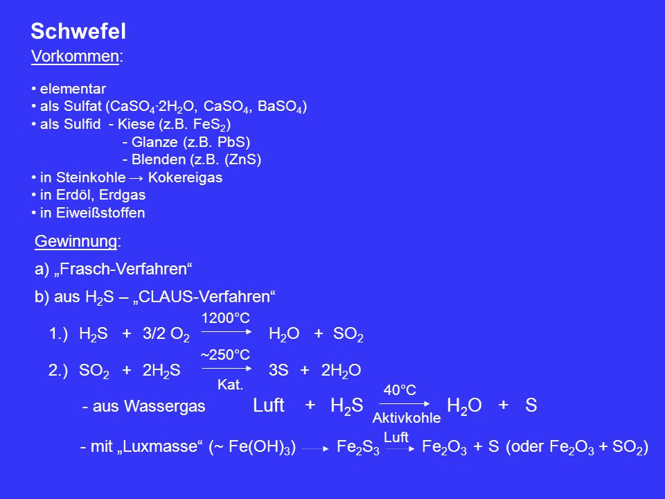 Schwefel Luft + H2S H2O + S Vorkommen: Gewinnung: