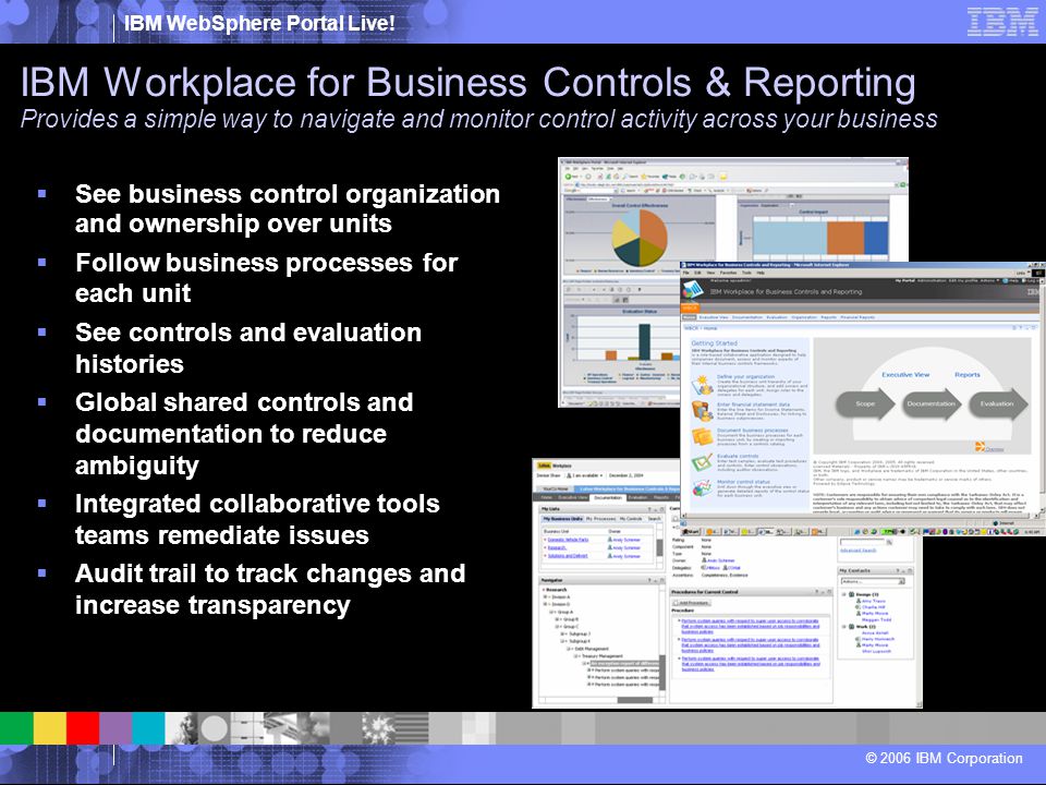 IBM Workplace for Business Controls & Reporting Provides a simple way to navigate and monitor control activity across your business