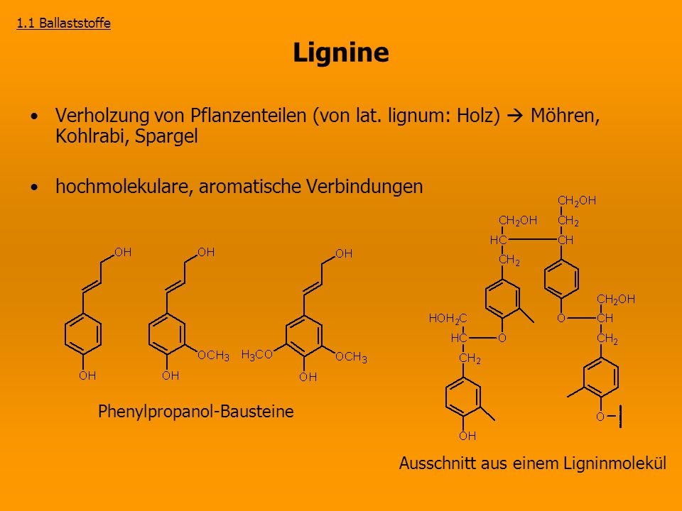 1.1 Ballaststoffe Lignine. Verholzung von Pflanzenteilen (von lat. lignum: Holz)  Möhren, Kohlrabi, Spargel.