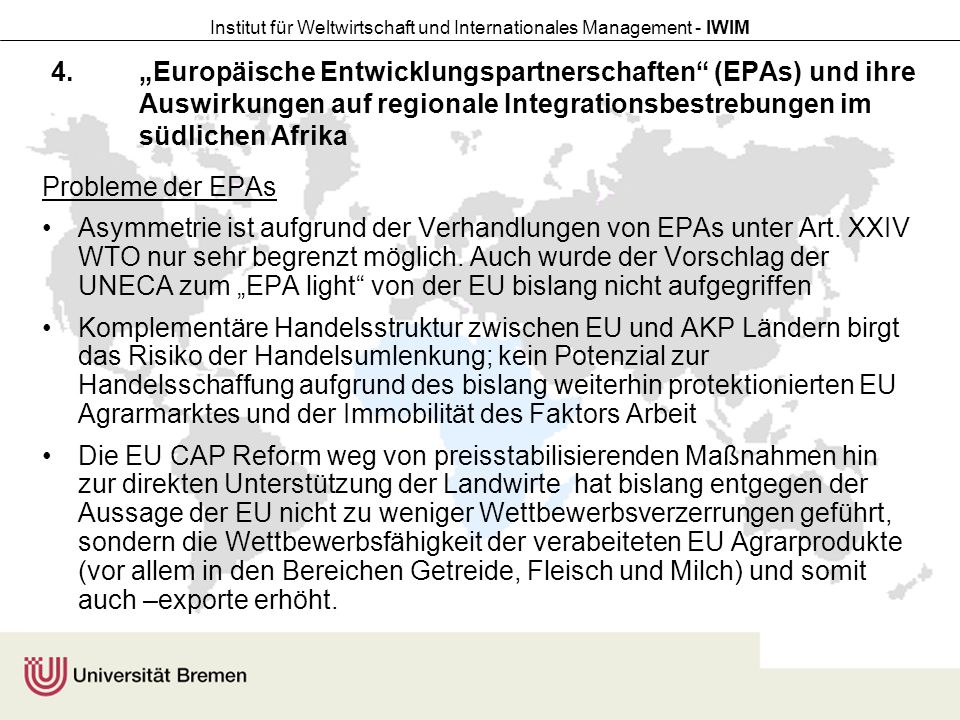 „Europäische Entwicklungspartnerschaften (EPAs) und ihre Auswirkungen auf regionale Integrationsbestrebungen im südlichen Afrika