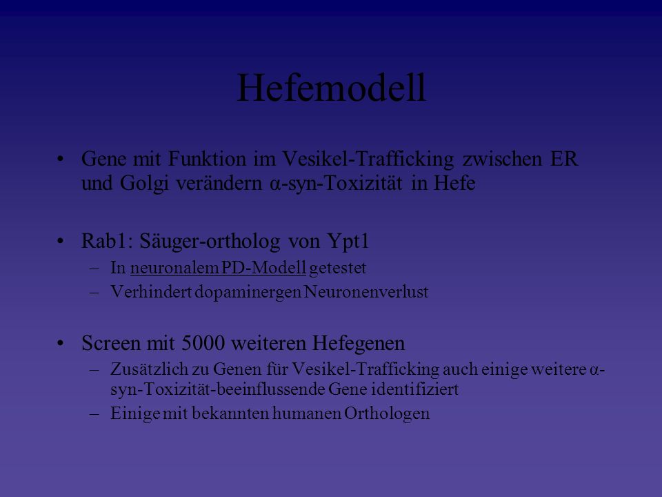 Hefemodell Gene mit Funktion im Vesikel-Trafficking zwischen ER und Golgi verändern α-syn-Toxizität in Hefe.