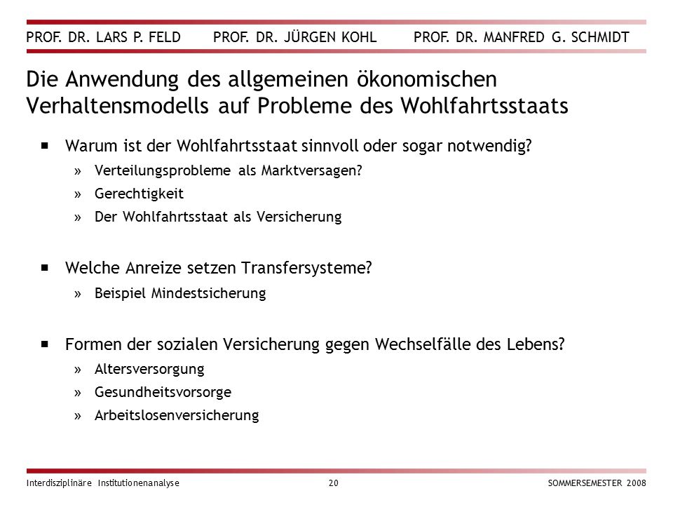 Die Anwendung des allgemeinen ökonomischen Verhaltensmodells auf Probleme des Wohlfahrtsstaats