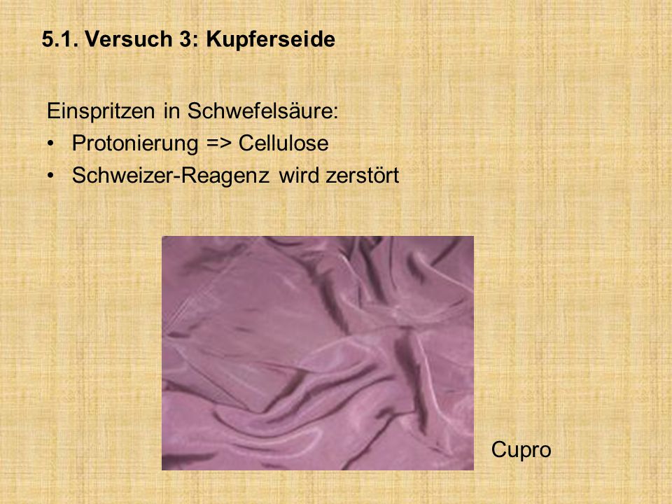 5.1. Versuch 3: Kupferseide Einspritzen in Schwefelsäure: Protonierung => Cellulose. Schweizer-Reagenz wird zerstört.