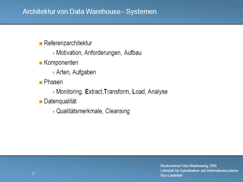 Referenzarchitektur Motivation, Anforderungen, Aufbau. Komponenten. Arten, Aufgaben. Phasen. Monitoring, Extract,Transform, Load, Analyse.