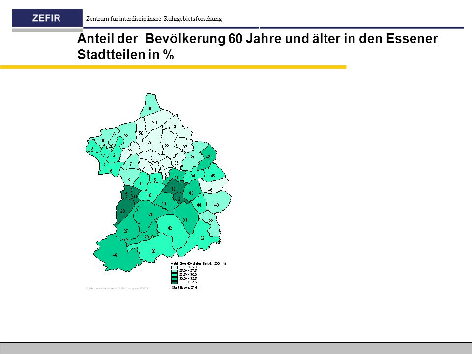 Anteil der Bevölkerung 60 Jahre und älter in den Essener Stadtteilen in %