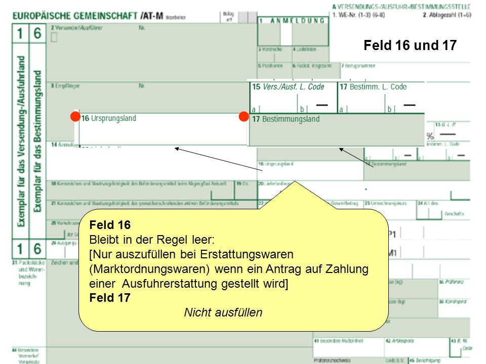   Feld 16 und 17 Feld 16 Bleibt in der Regel leer: