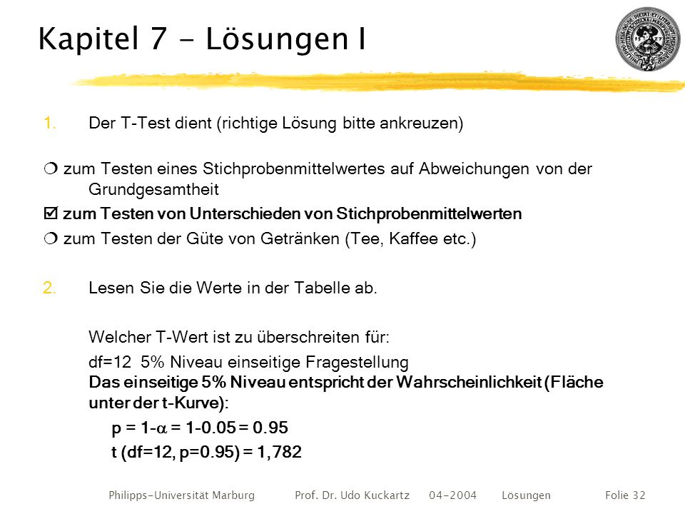 Kapitel 7 - Lösungen I Der T-Test dient (richtige Lösung bitte ankreuzen)