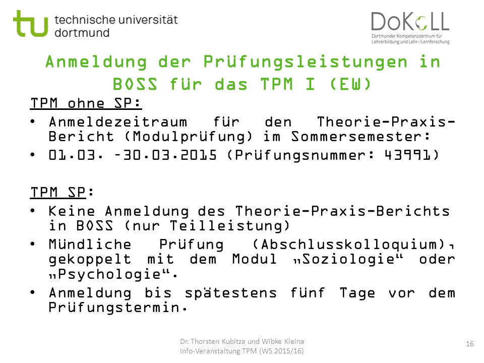 Anmeldung der Prüfungsleistungen in BOSS für das TPM I (EW)
