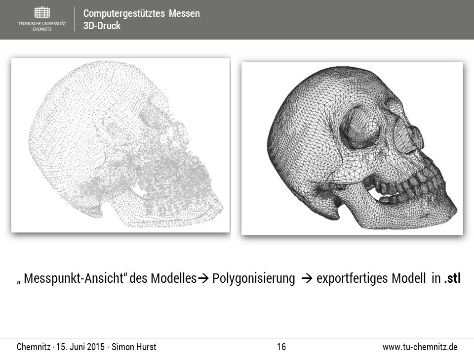 „ Messpunkt-Ansicht des Modelles Polygonisierung  exportfertiges Modell in .stl