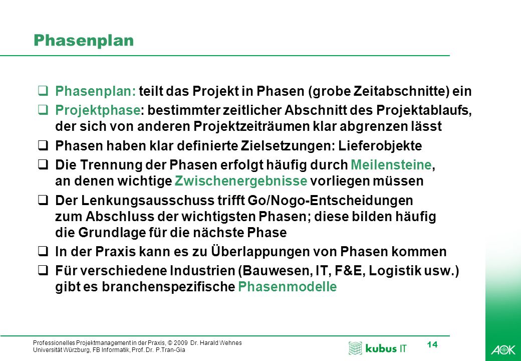 Phasenplan Phasenplan: teilt das Projekt in Phasen (grobe Zeitabschnitte) ein.