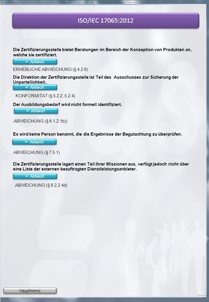 ISO/IEC 17065:2012 Die Zertifizierungsstelle bietet Beratungen im Bereich der Konzeption von Produkten an, welche sie zertifiziert.