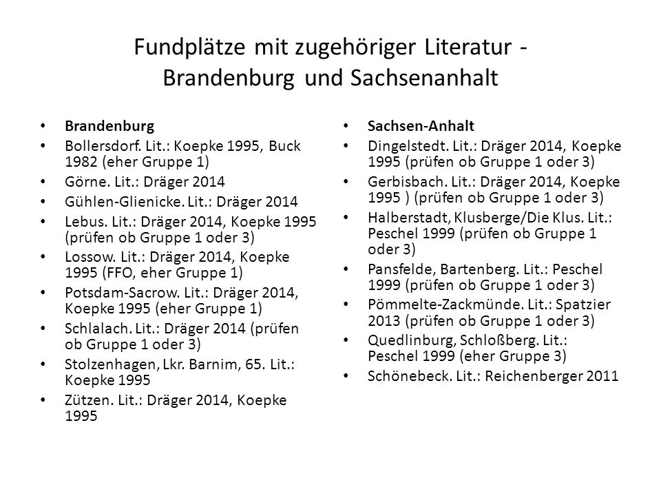 Fundplätze mit zugehöriger Literatur - Brandenburg und Sachsenanhalt