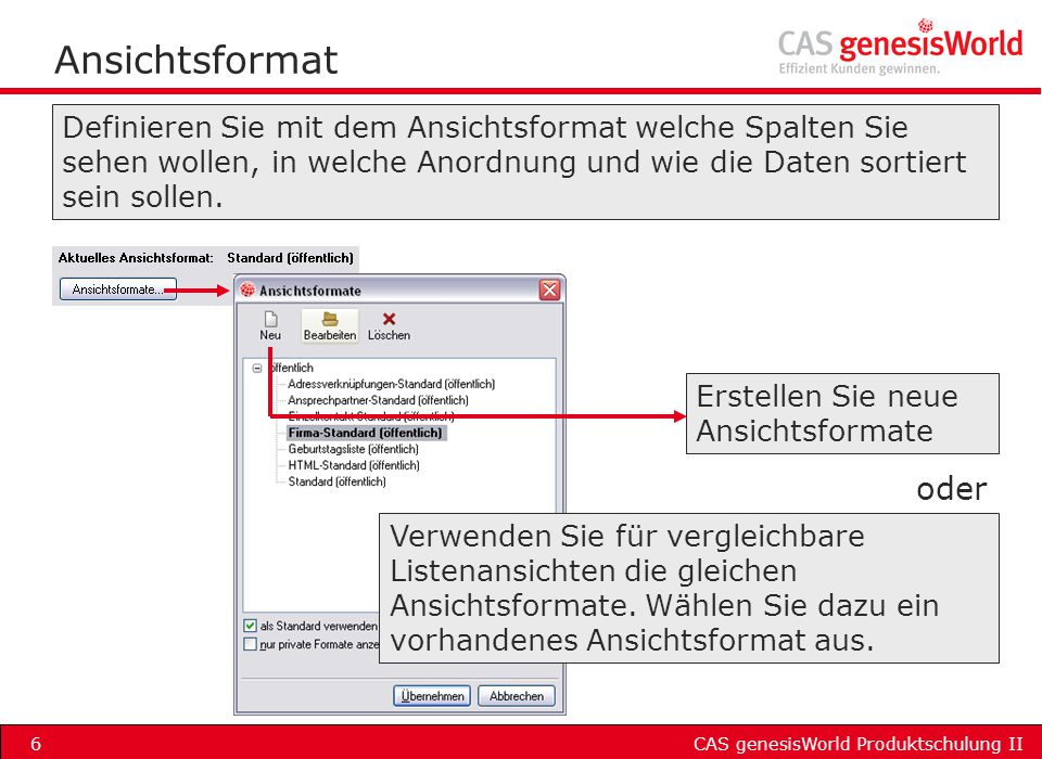 Ansichtsformat Definieren Sie mit dem Ansichtsformat welche Spalten Sie sehen wollen, in welche Anordnung und wie die Daten sortiert sein sollen.