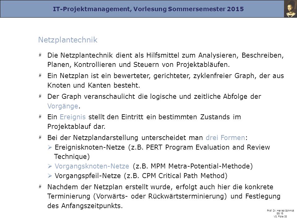 Netzplantechnik Die Netzplantechnik dient als Hilfsmittel zum Analysieren, Beschreiben, Planen, Kontrollieren und Steuern von Projektabläufen.