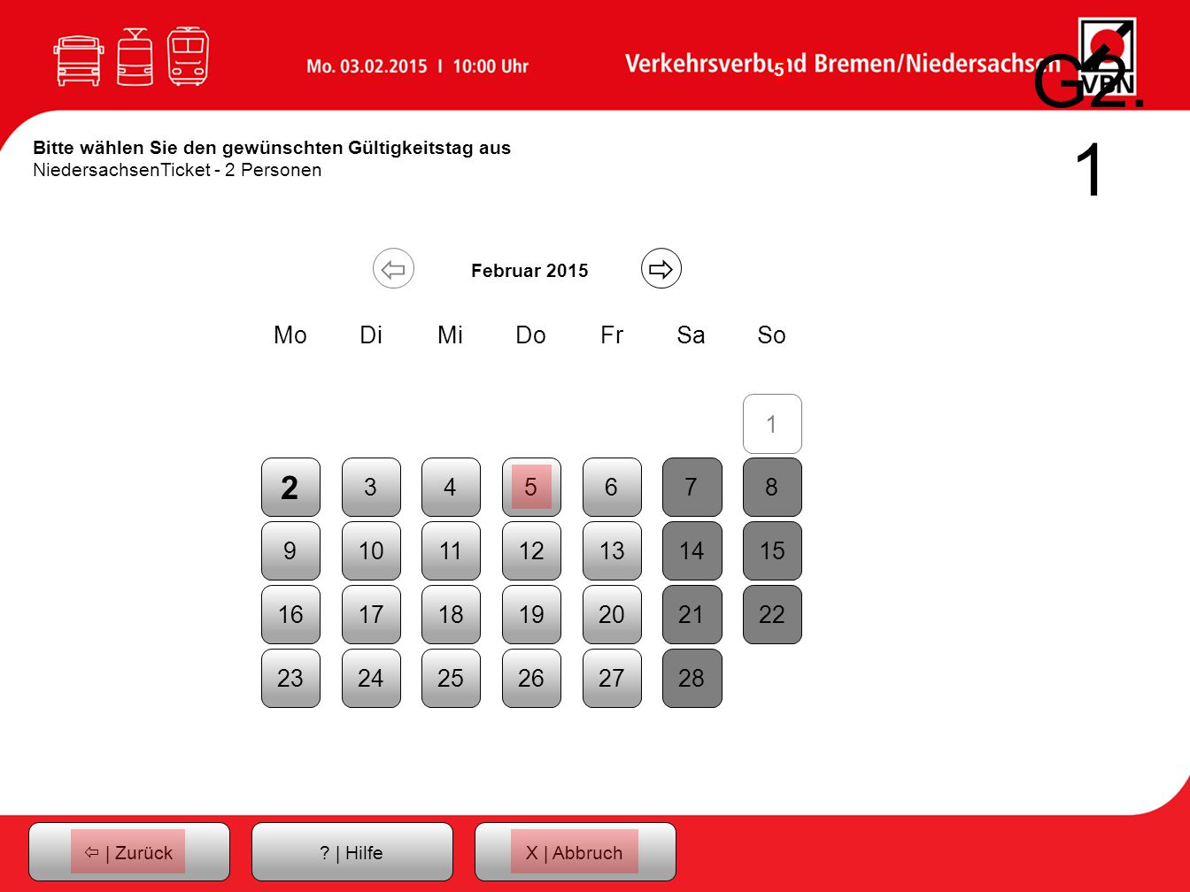 G2.1 Bitte wählen Sie den gewünschten Gültigkeitstag aus NiedersachsenTicket - 2 Personen.   Februar