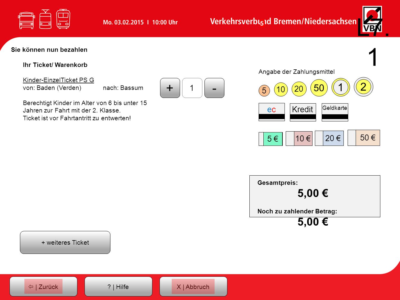 L7.1 Sie können nun bezahlen. Ihr Ticket/ Warenkorb. Kinder-EinzelTicket PS G. von: Baden (Verden) nach: Bassum.