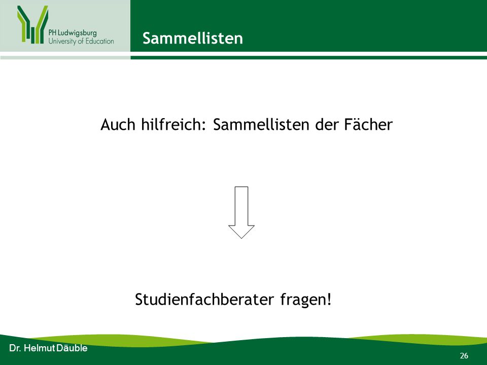 Auch hilfreich: Sammellisten der Fächer