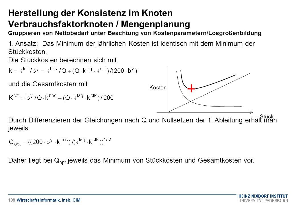 Herstellung der Konsistenz im Knoten Verbrauchsfaktorknoten / Mengenplanung Gruppieren von Nettobedarf unter Beachtung von Kostenparametern/Losgrößenbildung