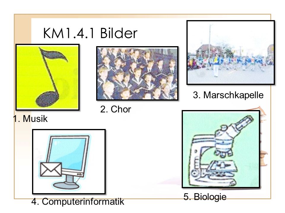 KM1.4.1 Bilder 3. Marschkapelle 2. Chor 1. Musik 5. Biologie