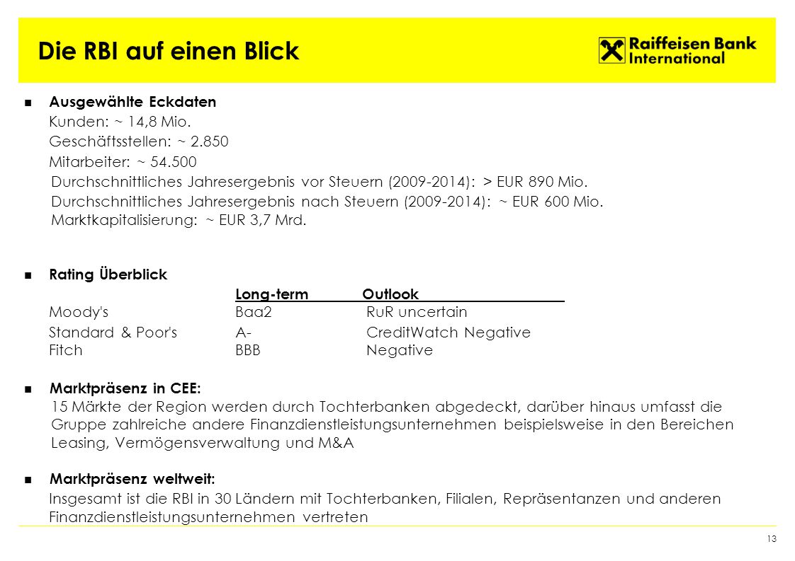 Die RBI auf einen Blick Ausgewählte Eckdaten Kunden: ~ 14,8 Mio.