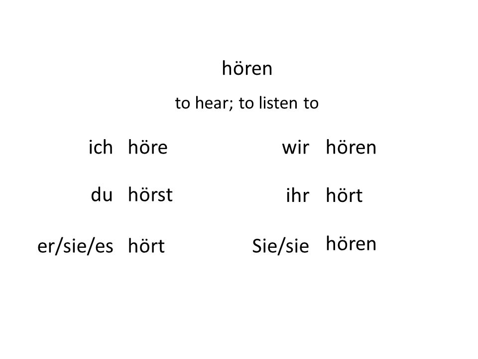 hören ich höre wir hören du hörst ihr hört er/sie/es hört Sie/sie