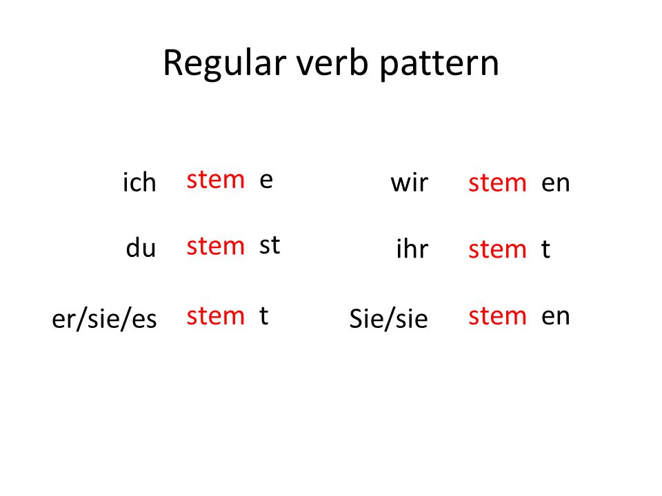 Regular verb pattern ich stem e wir stem en du stem st ihr stem t