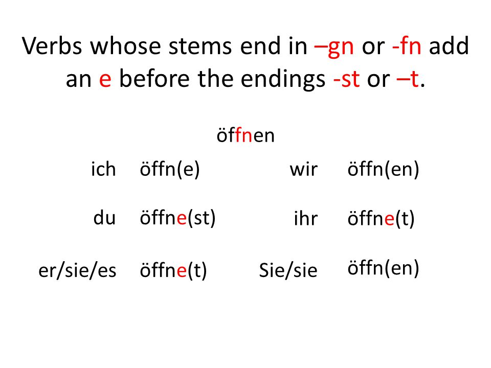 Verbs whose stems end in –gn or -fn add an e before the endings -st or –t.
