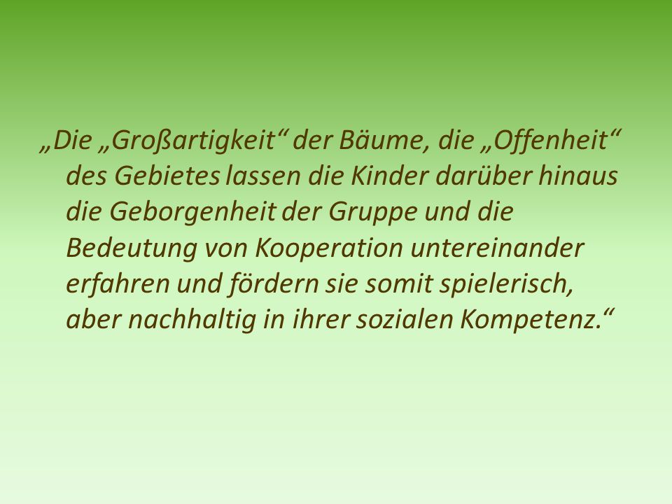 „Die „Großartigkeit der Bäume, die „Offenheit des Gebietes lassen die Kinder darüber hinaus die Geborgenheit der Gruppe und die Bedeutung von Kooperation untereinander erfahren und fördern sie somit spielerisch, aber nachhaltig in ihrer sozialen Kompetenz.