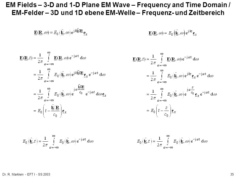 EM Fields – 3-D and 1-D Plane EM Wave – Frequency and Time Domain / EM-Felder – 3D und 1D ebene EM-Welle – Frequenz- und Zeitbereich