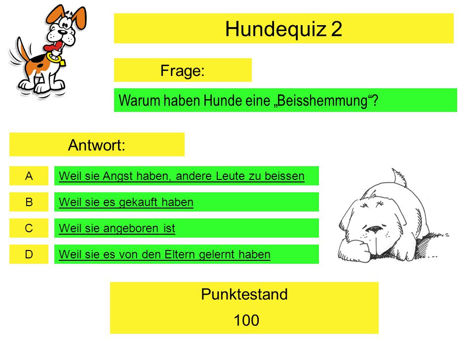 Hundequiz 2 Frage: Warum haben Hunde eine „Beisshemmung Antwort: 100