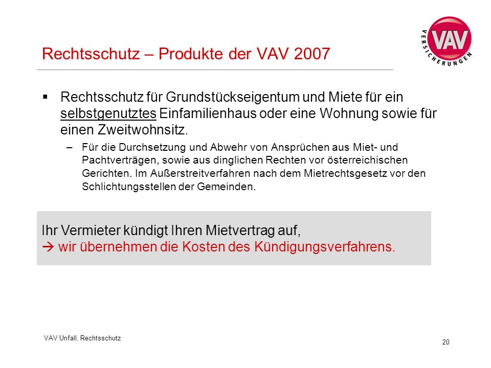 Rechtsschutz – Produkte der VAV 2007