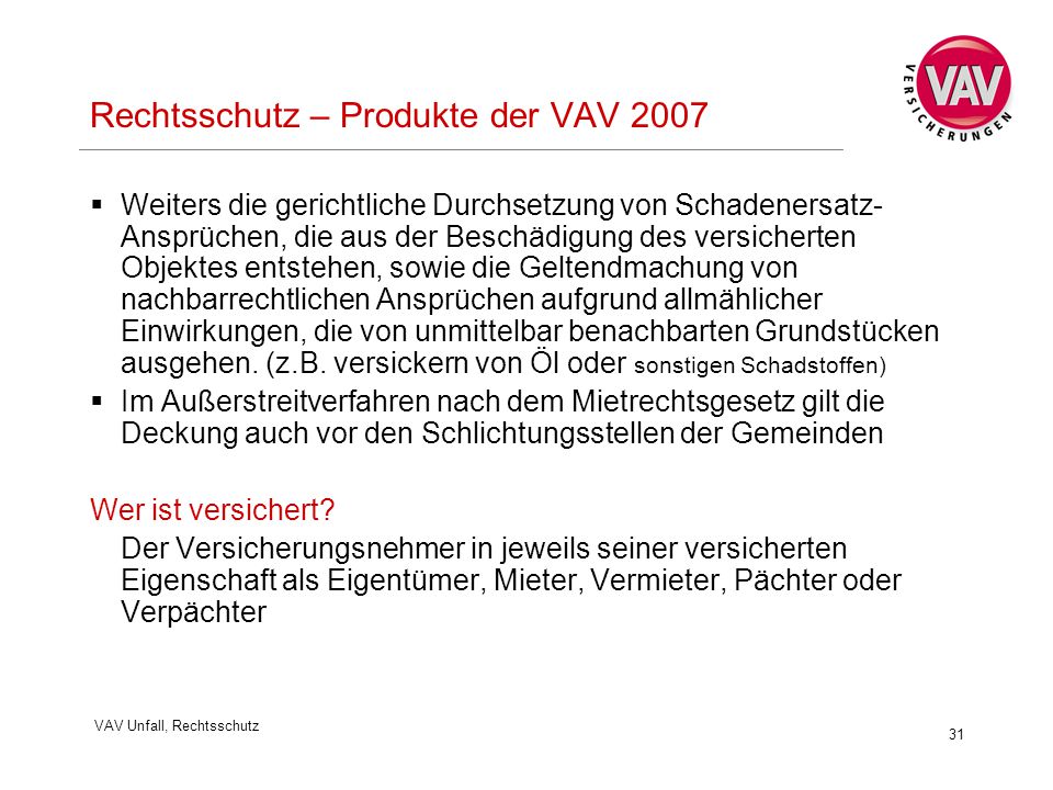 Rechtsschutz – Produkte der VAV 2007