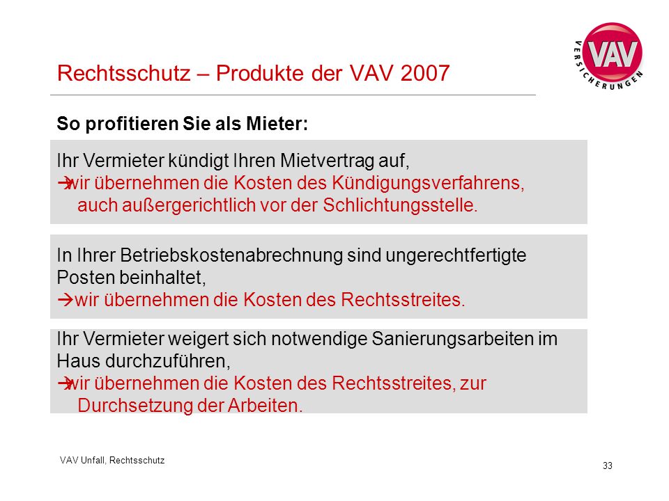 Rechtsschutz – Produkte der VAV 2007