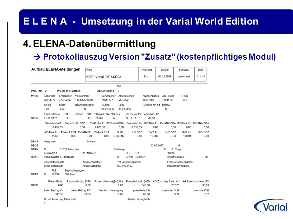 E L E N A - Umsetzung in der Varial World Edition